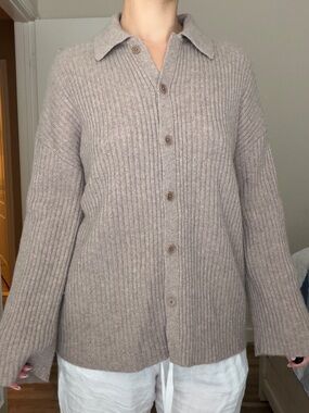 Reformation Taupe Ribbed Button-Up Cardigan